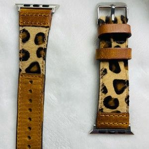 Genuine Leather and Furry Leopard Apple Watch Band— 42-44-45mm watch band-silver